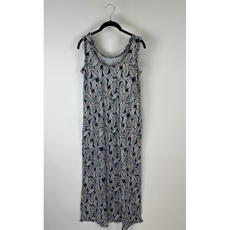 Navy Blue Leaf Print Maxi Dress – Size 6/8