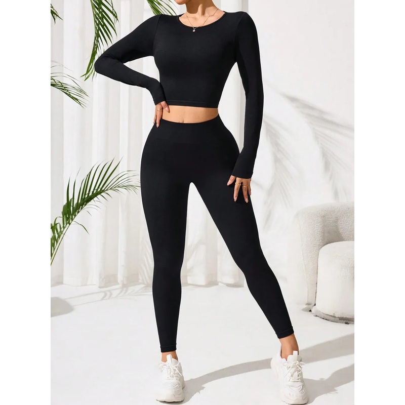 Lace-Up Back Round Neck Top and Leggings Active Set Black S