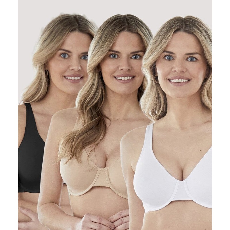Bestform Unlined Cotton Stretch T-Shirt Bra with Underwire 3 Pack- Black/Sand/White 34B