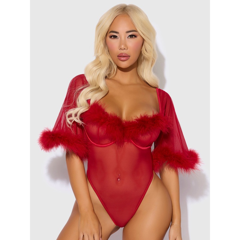 Scarlett Bell Sleeved Marabou Bodysuit Crimson Red S