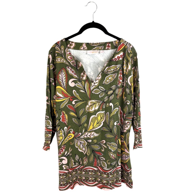 Dark Green And Pink Leaf Print Top – Size 6/8