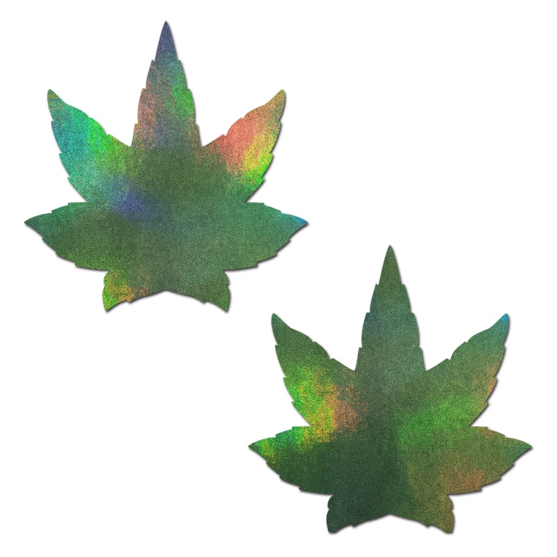 Indica Pot Leaf: Holographic Weed Nipple Pasties by Pastease Green