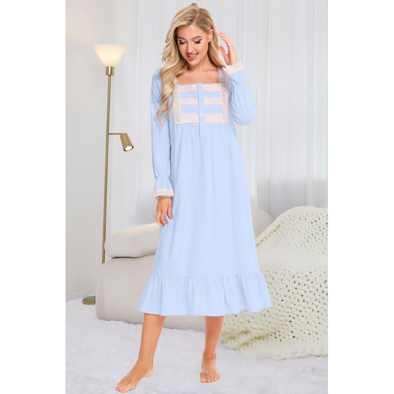 Lace Detail Square Neck Flounce Sleeve Night Dress Pastel  Blue S