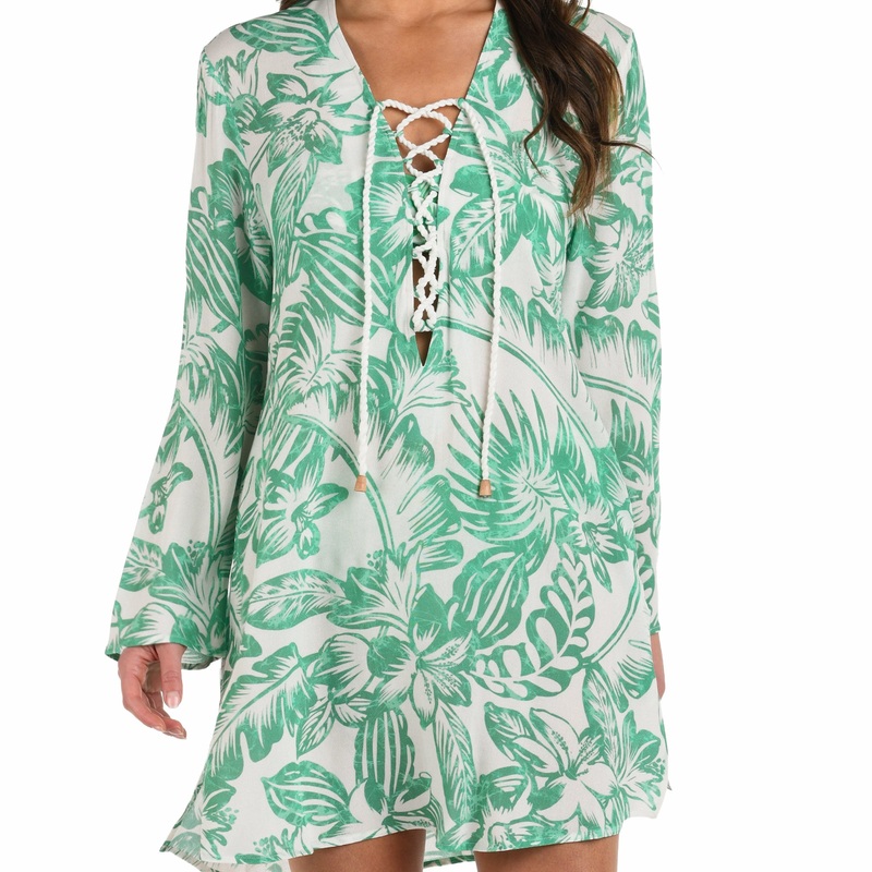 Batiki Balinese Lace Up V-Neck Tunic Cover Up – LB5ND55 – Eucalyptus Green S