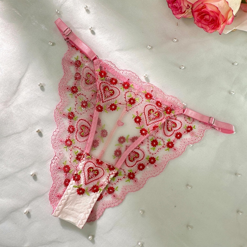 Pink Cute Sweetheart Lace Embroidery Thong PINK S