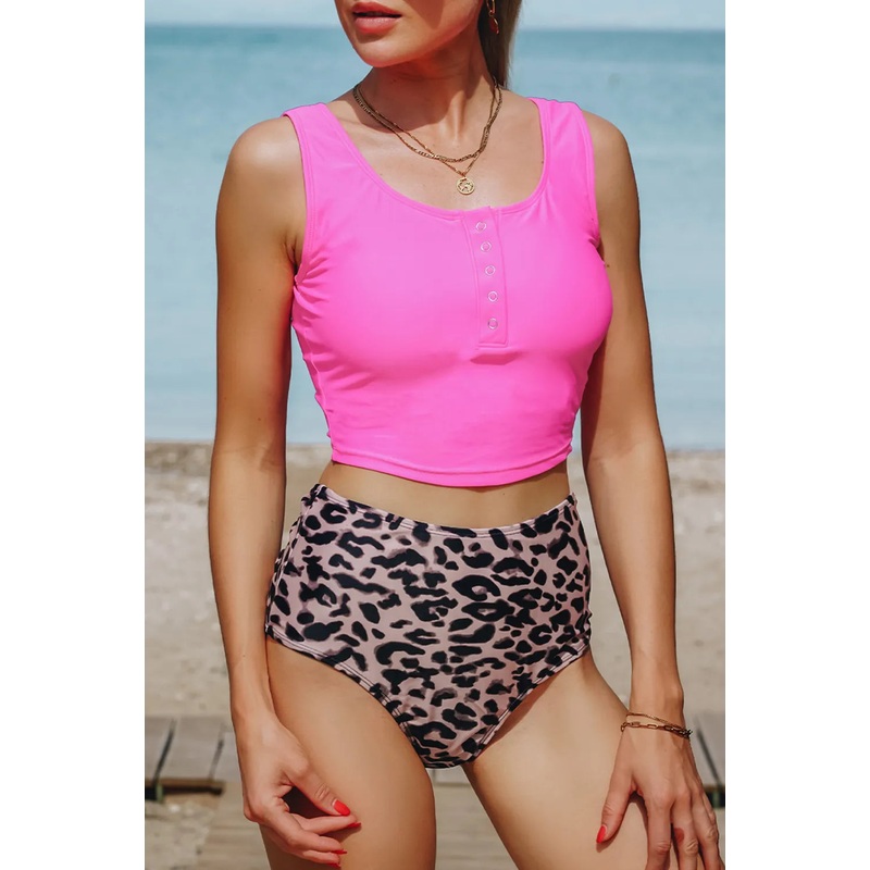 Scoop Neck Wide Strap Two-Piece Swim Set Fuchsia Pink S