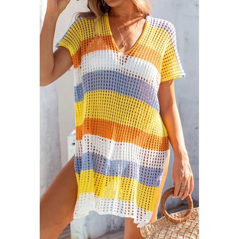 Slit Color Block V-Neck Cover-Up Yellow One Size