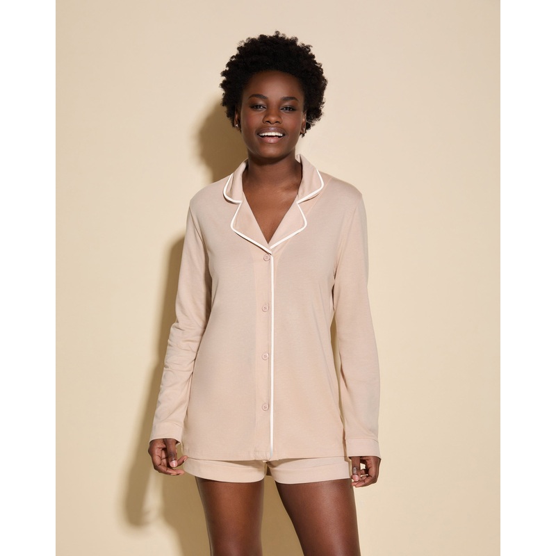 Conjunto De Pijama Con Camisa De Manga Larga Y Pantalones Cortos Camel/Moon Ivory XS