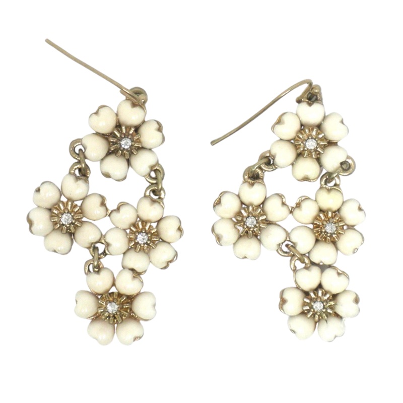 Gold and Cream Floral Dangly Earrings