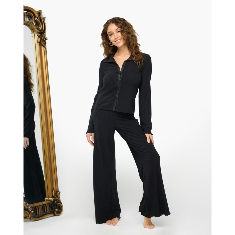 Long Sleeve Top & Pant Set Black XS