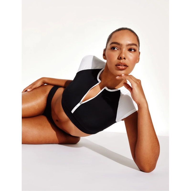 Cap-Sleeve Bikini Top Black/White XS