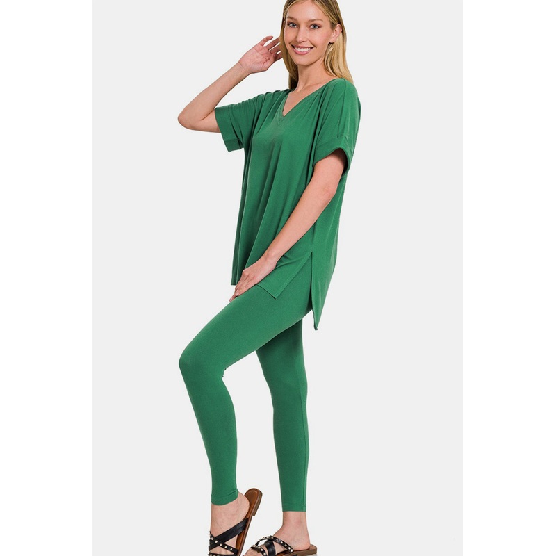 Zenana Full Size V-Neck Rolled Short Sleeve T-Shirt and Leggings Lounge Set Forest S