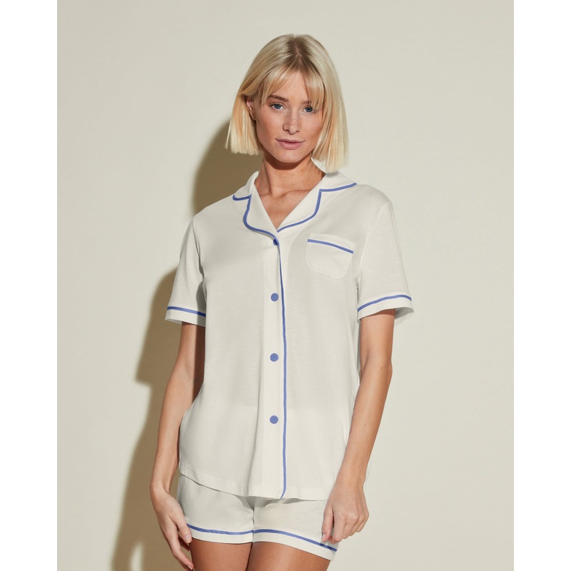 Short Sleeve Top & Boxer Pajama Set Moon Ivory/Portofino Blue XS