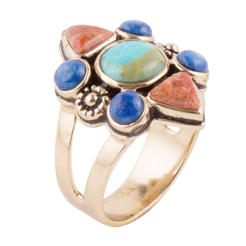 Blue Turquoise and Colorful Multi-Stone Golden Statement Ring 7