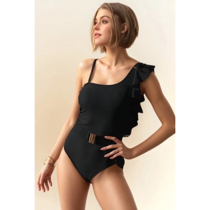 Davi & Dani Solid One Shoulder Ruffle One Piece Swimsuit BLACK S