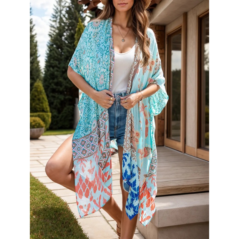 Printed Open Front Cover-Up Light Blue One Size