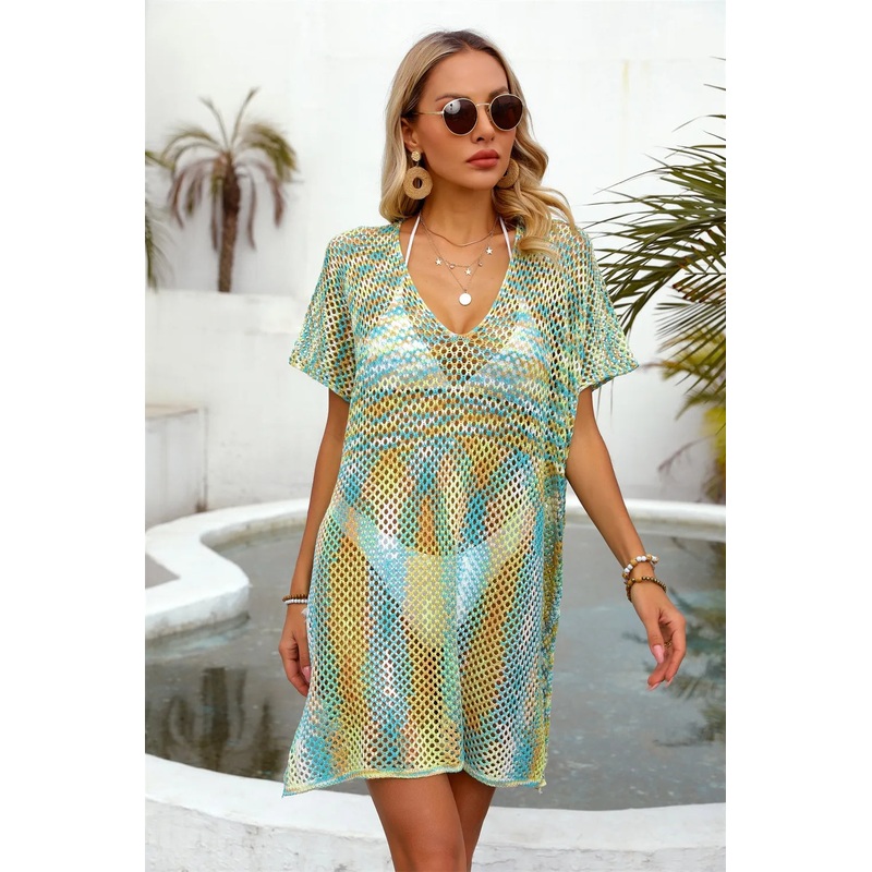Angel Wings Openwork Contrast Short Sleeve Cover-Up Teal One Size