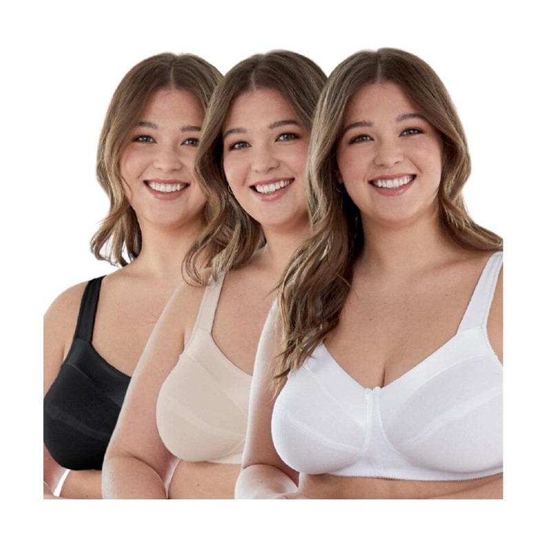 Bestform Satin Trim Wire-Free Cotton Bra With Unlined Cups 3 Pack – Black/Nude/White 36B