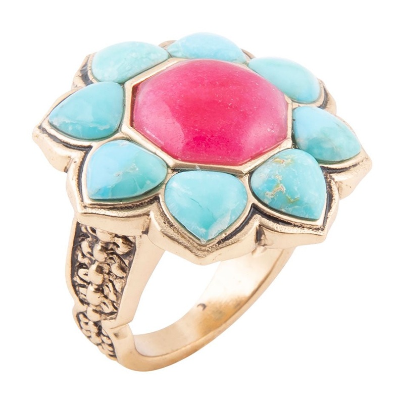 Blue Turquoise and Red Quartz Flower Golden Ring 7