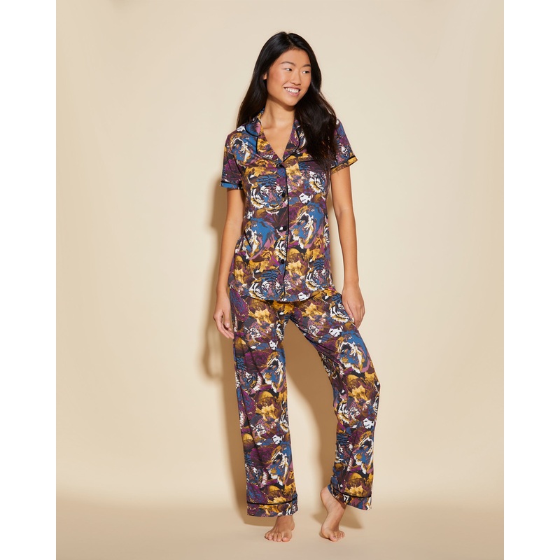 Short Sleeve Top & Pant Pajama Set Africa Tiger/Black XS