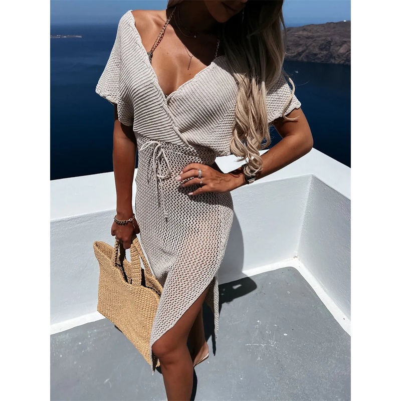 Slit Surplice Cap Sleeve Cover Up Tan S