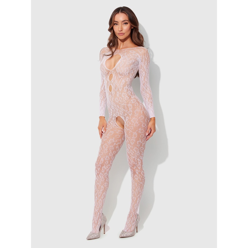 Leopard Full Body Long Sleeve Bodystocking White OS