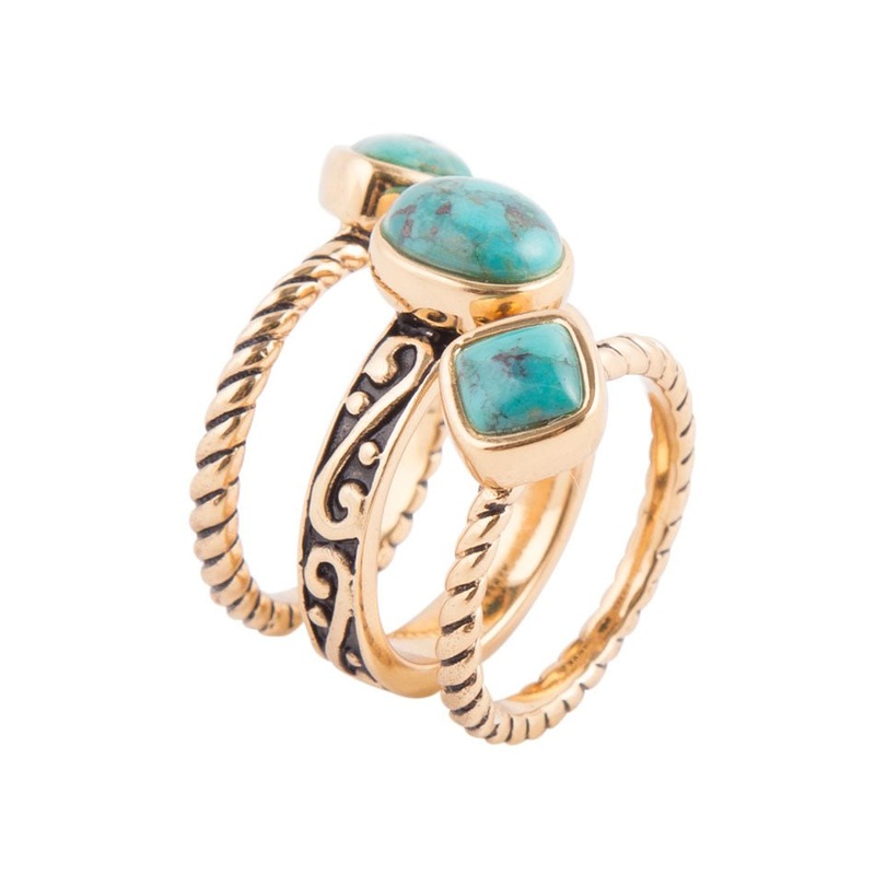 Multi-Shape Blue Turquoise and Golden Trio Ring Set 5