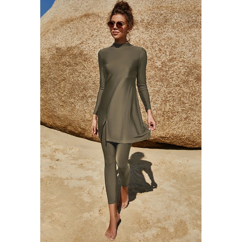 Slit Mock Neck Long Sleeve Top and Pants Swim Set Army Green S