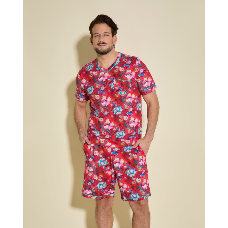 Men’s Short Sleeve Top & Shorts Pajama Set Faded Rose/ Andaman Sea S
