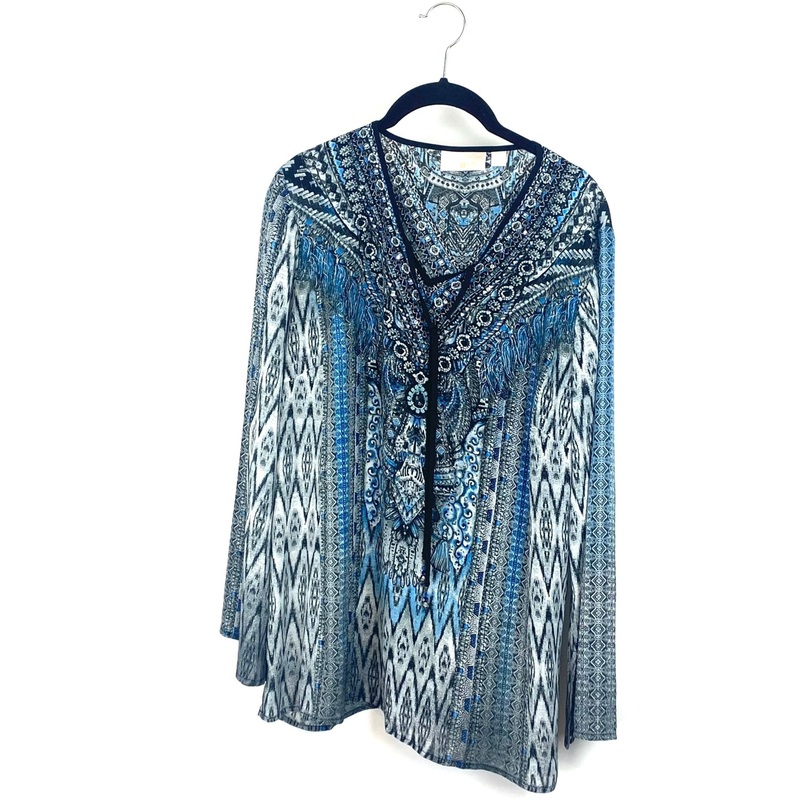 Blue And Grey Long Sleeve Blouse With Beaded Neck Line – Medium/Large