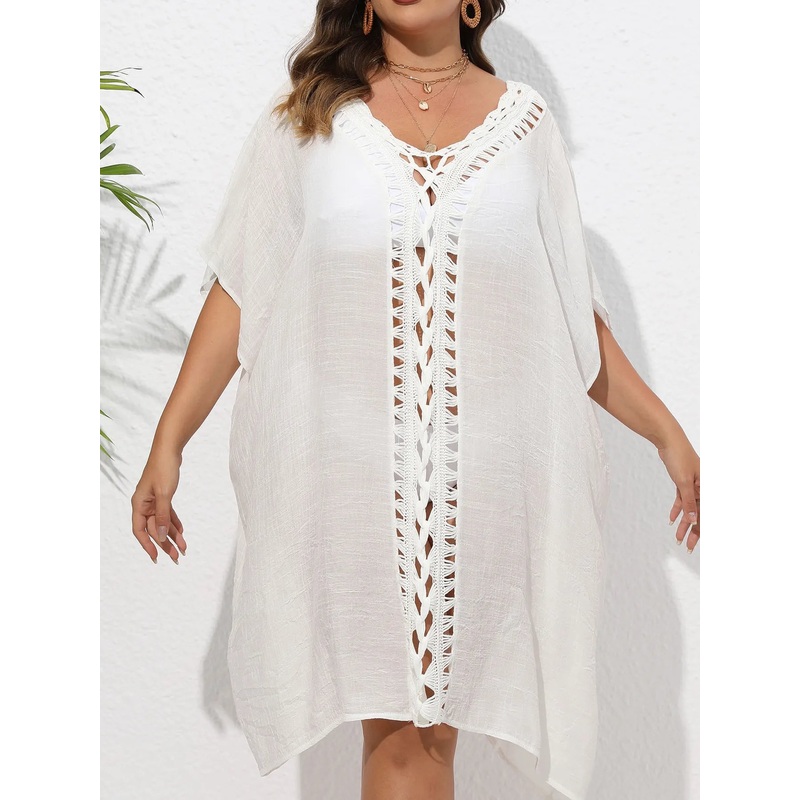 Crochet Trim V-Neck Beach Cover Up Dress White One Size