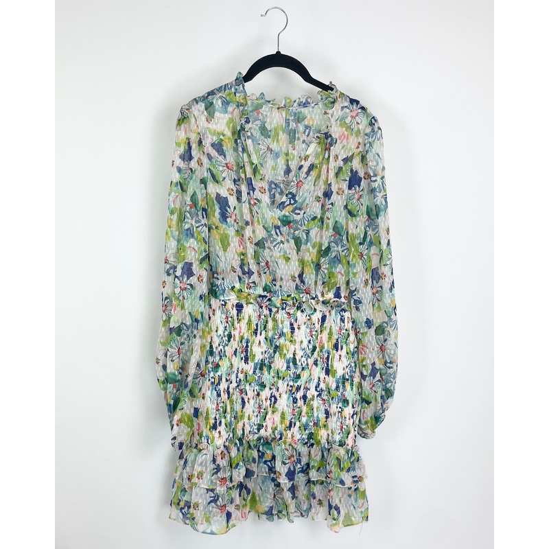 White And Green Floral Long Sleeve Dress – Size 6