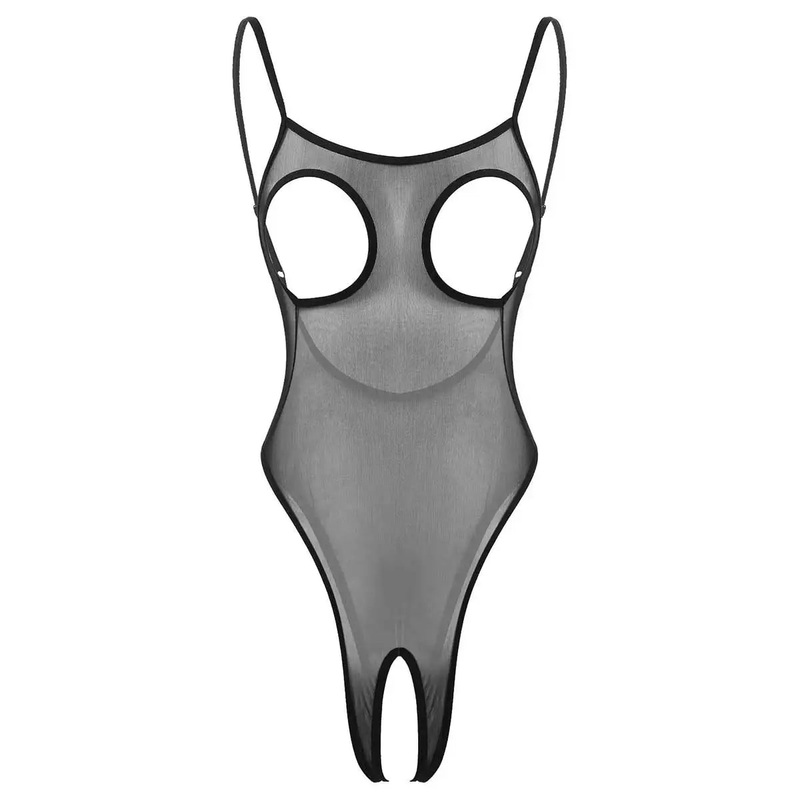 Anise Cupless Crotchless Sheer Bodysuit One Size Black