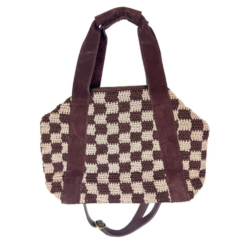 Brown Crochet Checkered Print Tote Bag