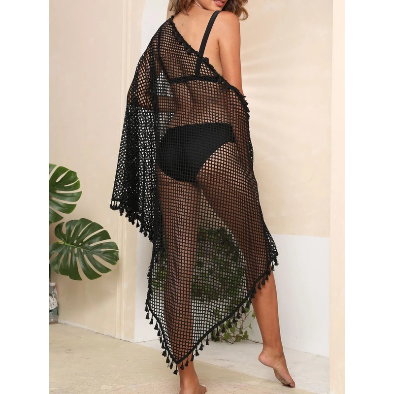 Tassel Openwork Open Front Cover-Up Black One Size
