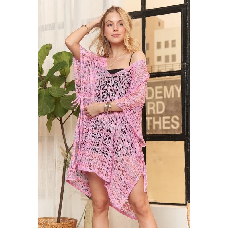 ADORA Crochet Cover Up Tunic Top PINK One Size