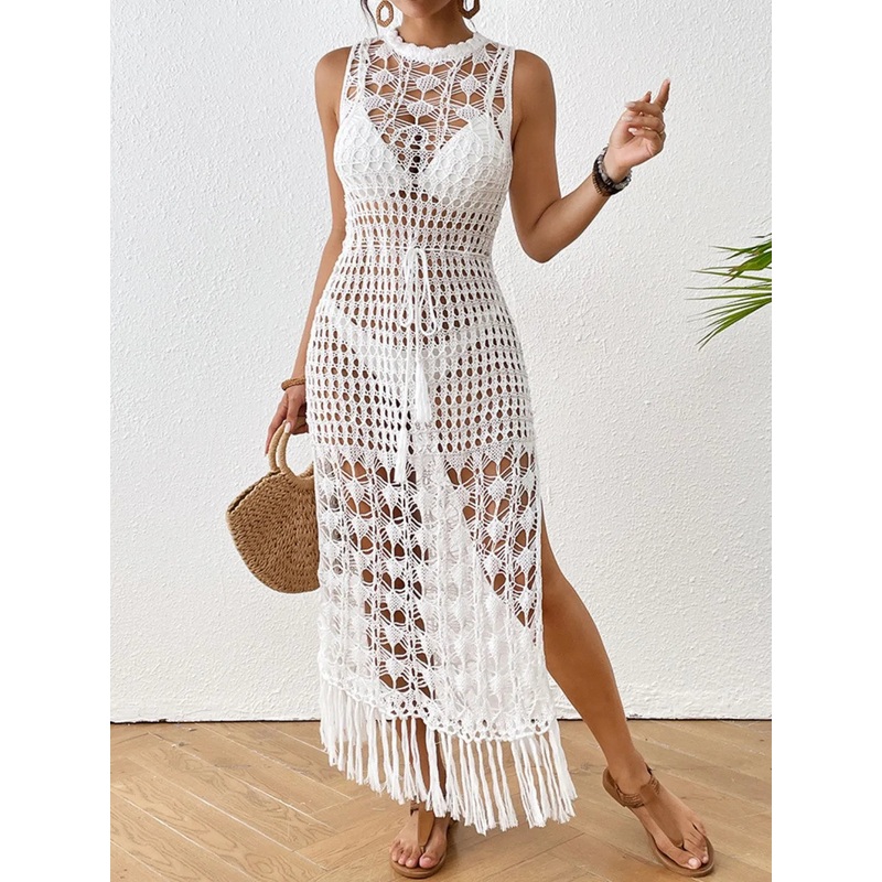Backless Fringe Hem Round Neck Cover-Up Dress White S