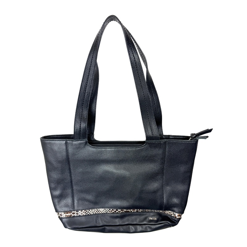 Black Leather Tote Bag with Snake Skin Design