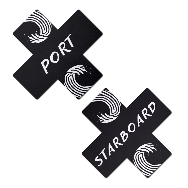 Plus X: ‘Port’ & ‘Starboard’ Black & White Cross Nipple Pasties by Pastease