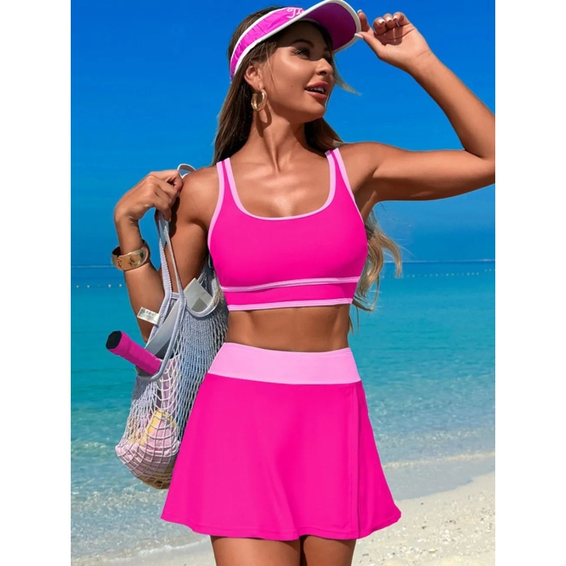 Scoop Neck Top and Skort Swim Set Hot Pink S