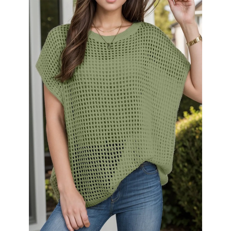 Openwork Round Neck Short Sleeve Cover-Up Moss S