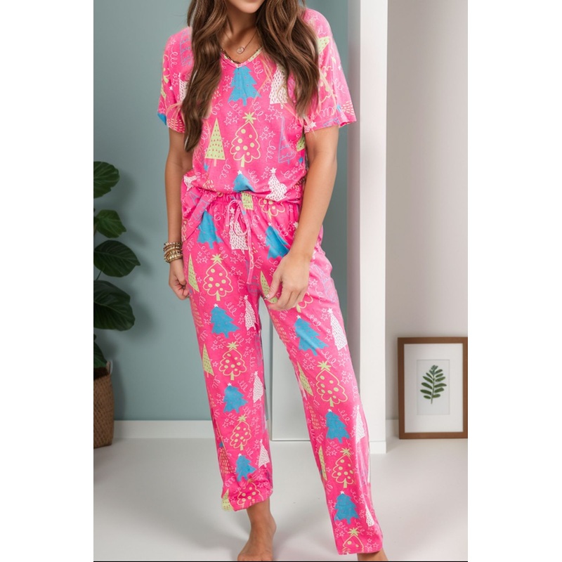 Printed V-Neck Short Sleeve Top and Pants Lounge Set Hot Pink S