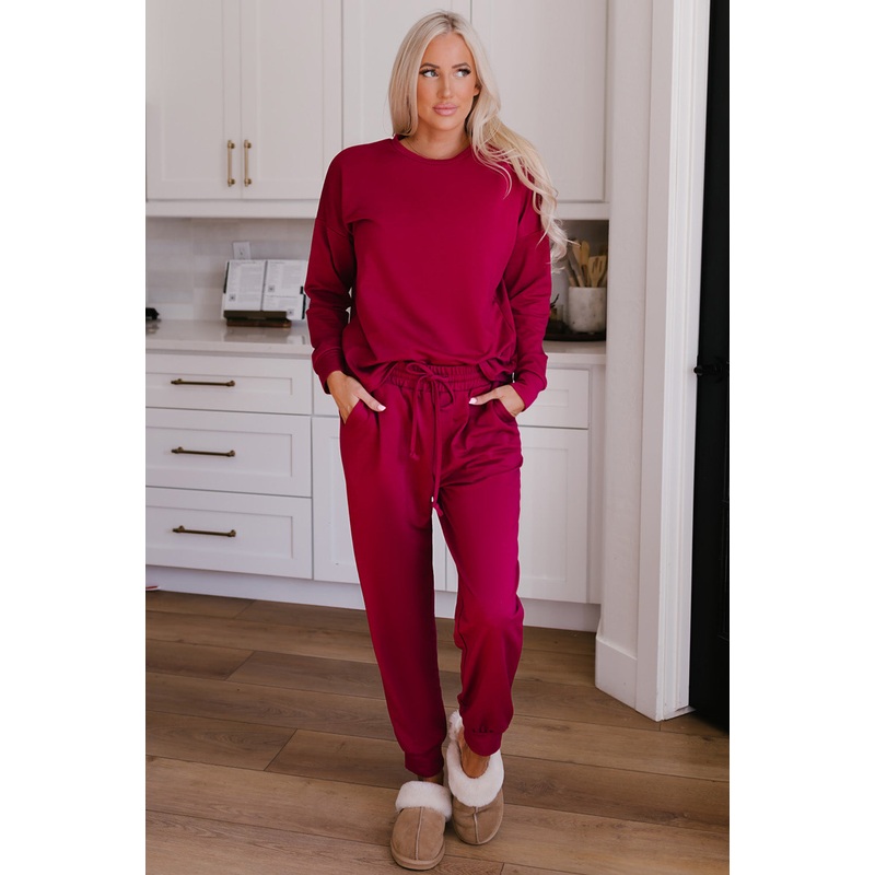Round Neck Top and Drawstring Pants Lounge Set Deep Rose S
