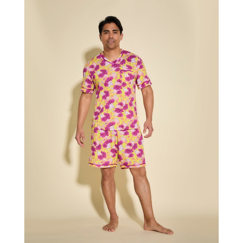 Men’s Short Sleeve Top & Shorts Pajama Set Floral Burst/Neon Yellow S