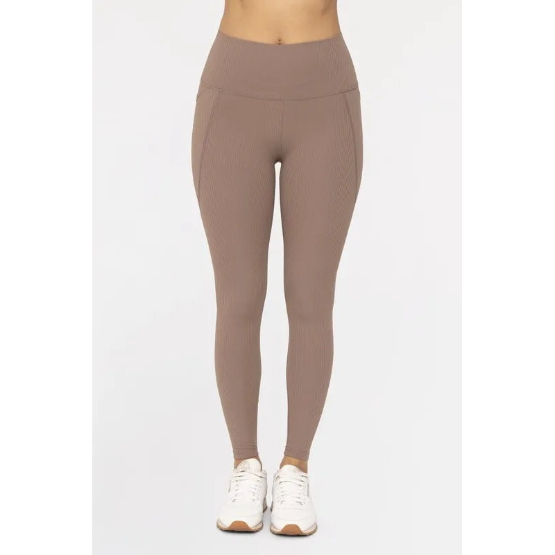 MONO B Soft Ribbed High Waisted Leggings DEEP TAUPE S