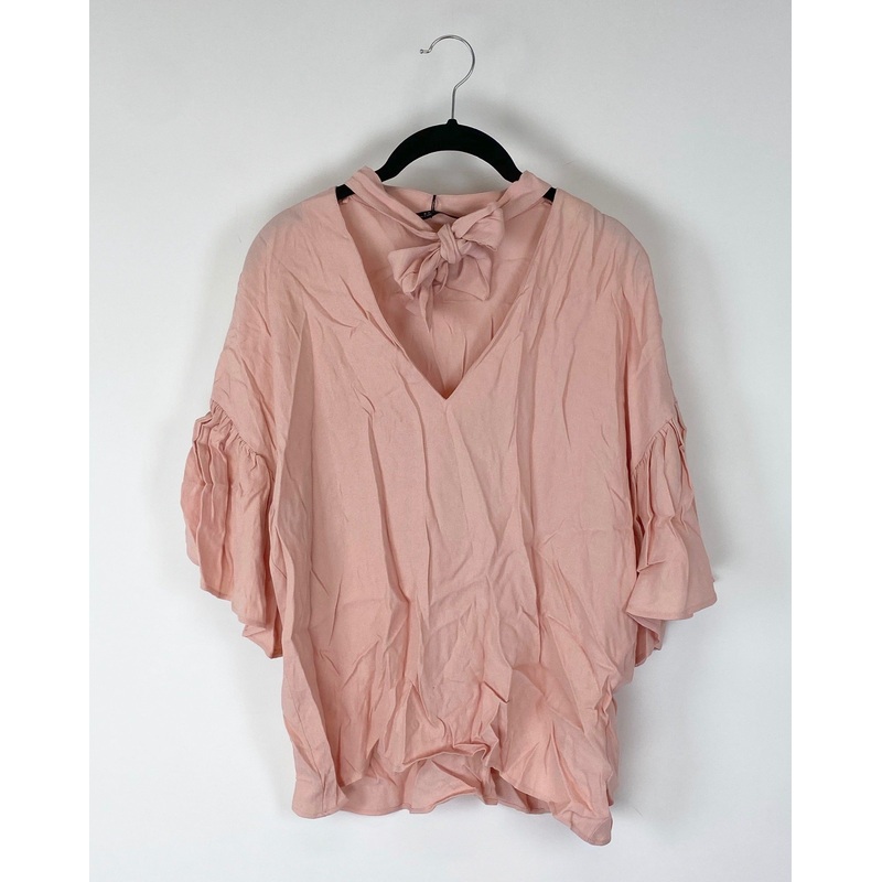 Pink Tie V-Neck Short Sleeve Top – Small