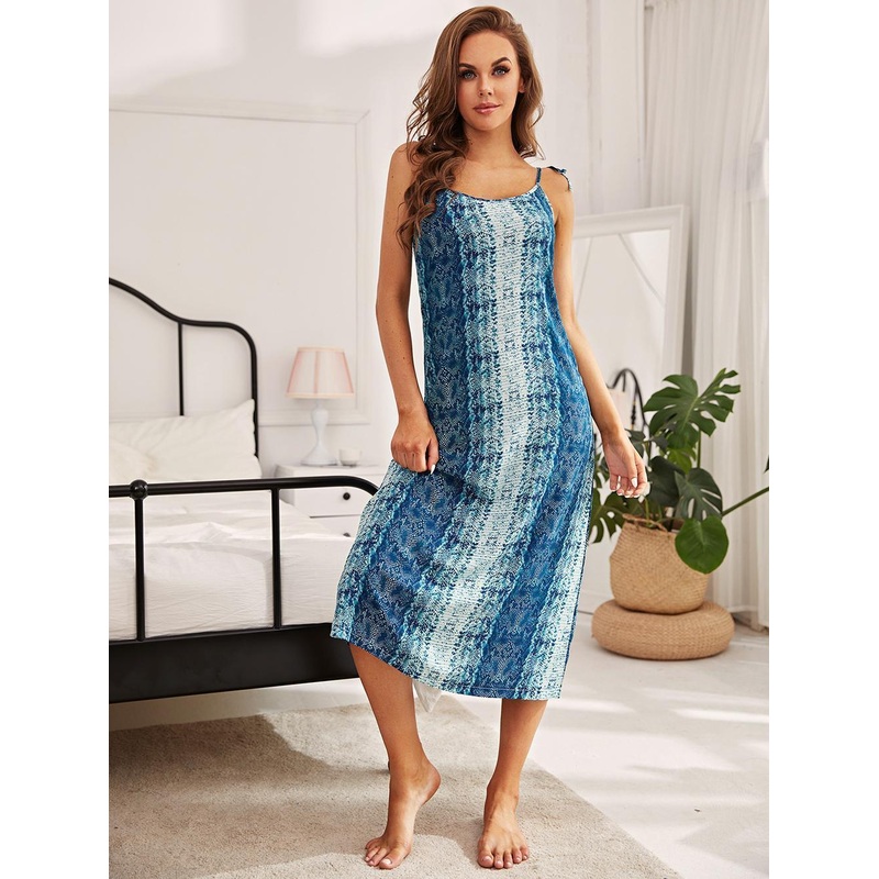 Printed Tie Shoulder Midi Night Dress Blue S