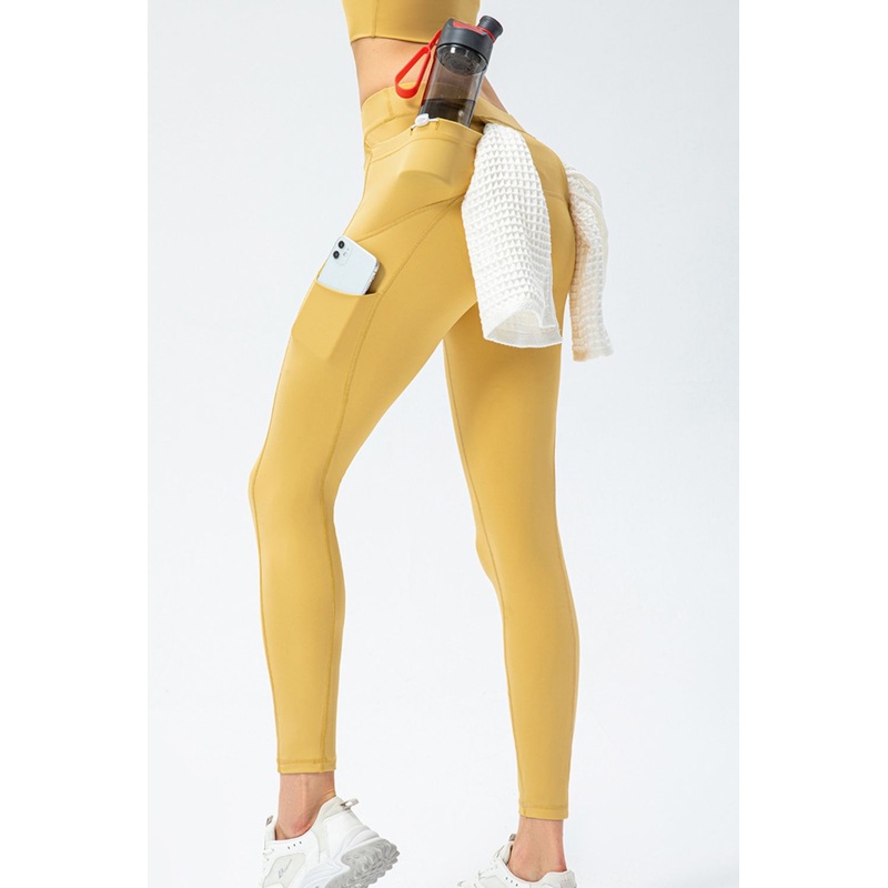 Full Size Slim Fit High Waist Long Sports Pants with Pockets Gold S