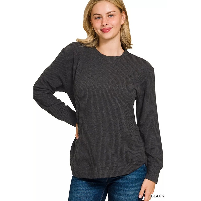 Zenana Full Size Raised Rib Round Neck Long Sleeve Top Plus Size BLACK S