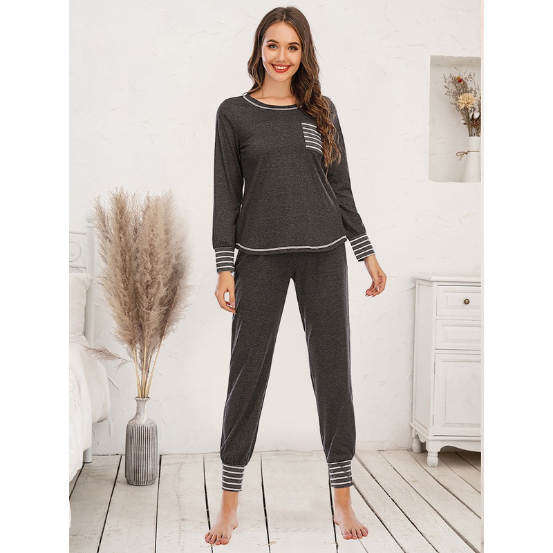 Round Neck Top and Pants Lounge Set Charcoal S